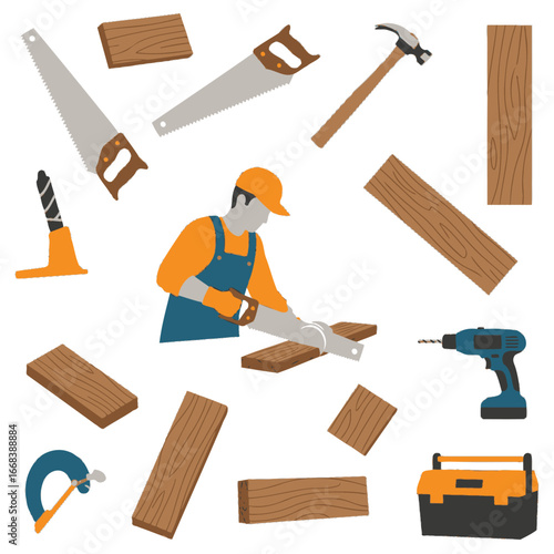 Illustration of a carpenter using various tools to work with wood.