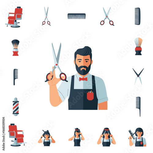 A stylish barber holding scissors, surrounded by barbershop tools and icons.  Hair styling services.