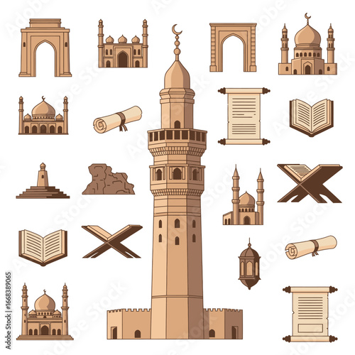 Collection of Islamic architectural elements and religious symbols.  Mosques, minarets, and other significant items.