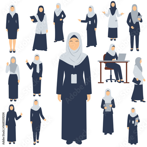 Collection of diverse Muslim women in various professional outfits and poses.