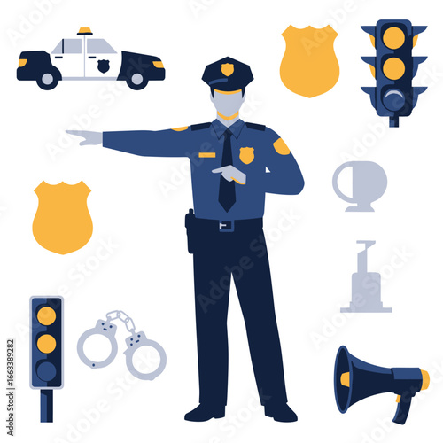 A flat illustration of a police officer with related items.