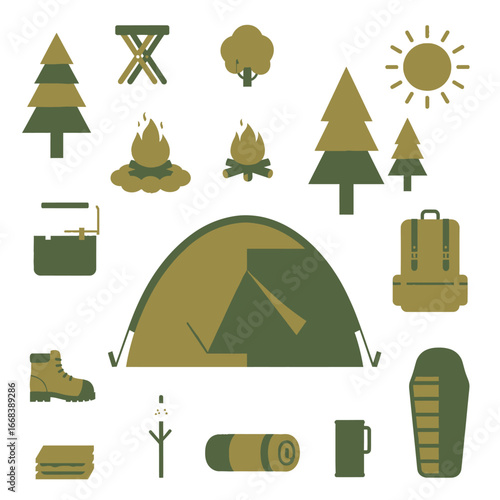 Flat icons depicting essential camping gear. Perfect for travel blogs or outdoor enthusiasts.