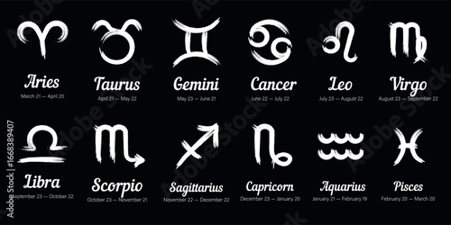 Vector image of zodiac signs icons. Concept of fortune telling by tarot cards and horoscope forecasts. Element for your design