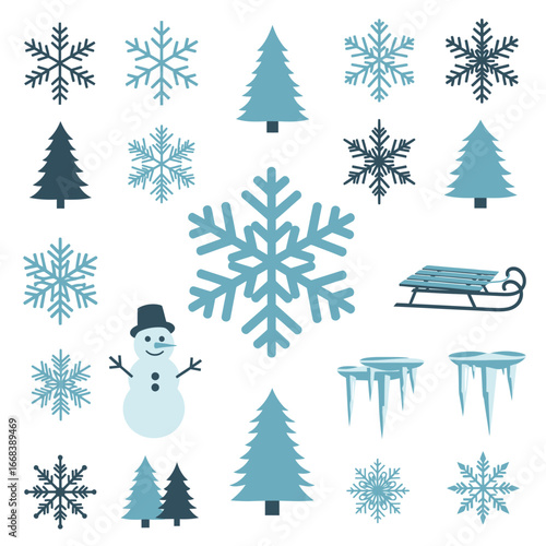 A cheerful winter scene with snowflakes, trees, snowman, and a sled.