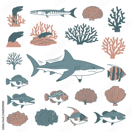 Vibrant illustration featuring various ocean creatures and coral. Perfect for educational purposes or marine-themed projects.