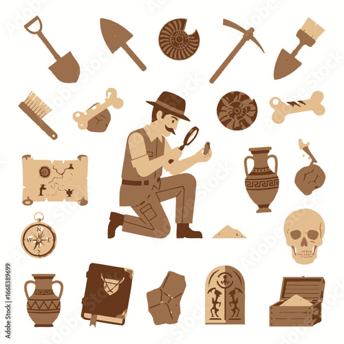 An illustration of an archaeologist examining ancient artifacts.  Surrounded by tools and discoveries.