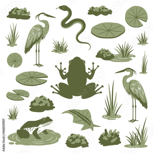 Colorful illustration of swamp animals and plants.