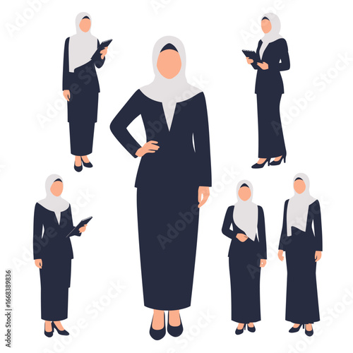 Collection of diverse poses of a Muslim businesswoman in professional attire.  Stylish and confident.
