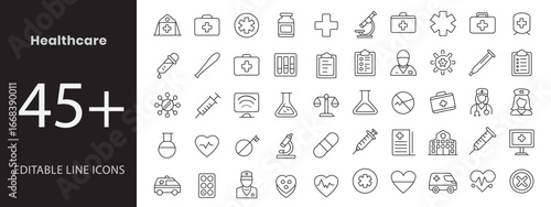 Healthcare and Medical icon set , Containing stethoscope, hospital building, medical report, prescription, pill bottle, syringe, DNA strand, heartbeat, ambulance, microscope, doctor, nurse, vaccine