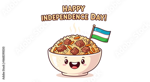 Cartoon bowl of plov with a smiling face and Uzbekistan flag, celebrating Independence Day.