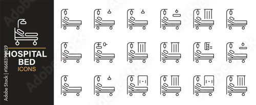 Line icons of hospital beds with IV stands, wheels, and adjustable features.