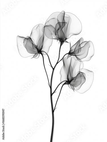 Sweet Pea Flowers Realistic X-Ray, Birth Flower, April Flower, Black and White Botany Art