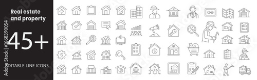 Real Estate and Property icon set , Containing house, apartment, keys, sold sign, open house, agent, location map, rent agreement, blueprint, mortgage, property search, building, contract, yard