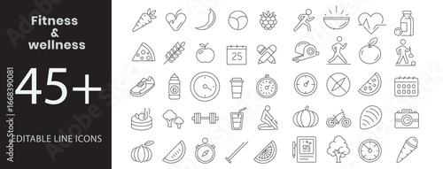 Fitness and Wellness icon set , Containing dumbbell, yoga pose, treadmill, stopwatch, water bottle, gym bag, heart rate, stretching, cycling, balanced diet, protein shake, running shoe, sleep