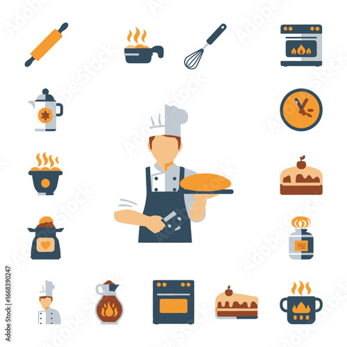 Flat icons of a chef, bread, cake, and various baking tools.