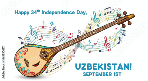 A stringed musical instrument, a dutar, is decorated with floral patterns and surrounded by musical notes for Uzbekistan's 34th Independence Day celebration.