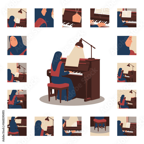 A woman in a hijab plays the piano under a warm lamplight.