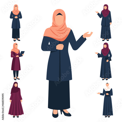 Various poses of Muslim women in different hijab styles.  Illustrative depiction of modern Muslim women.