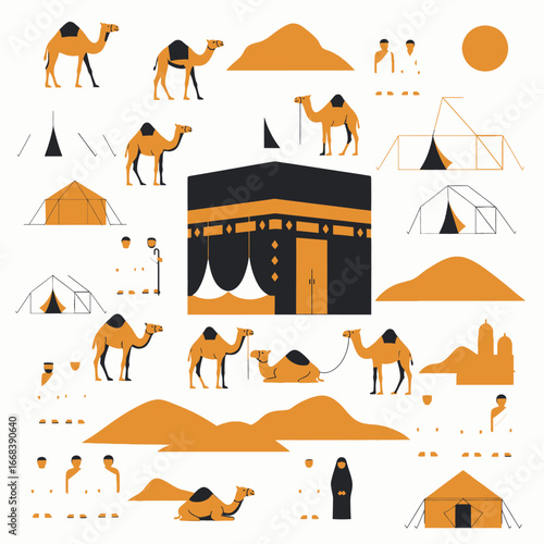 Illustrative guide to Hajj, showcasing key elements: Kaaba, camels, tents, and pilgrims.