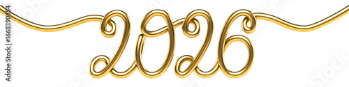 Shiny 2026 Golden Illustration for Christmas and New Year. 3D rendering