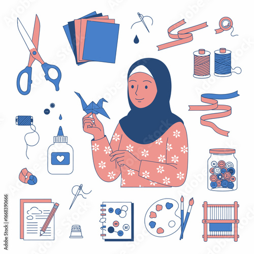 A cheerful illustration of a woman in a hijab engaged in various crafting activities, surrounded by colorful art supplies.