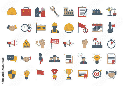 Collection of flat design icons related to labor unions, workplace, and industry.