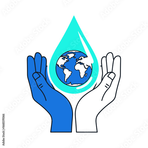 Two hands gently cradling the Earth inside a water droplet, symbolizing environmental care.