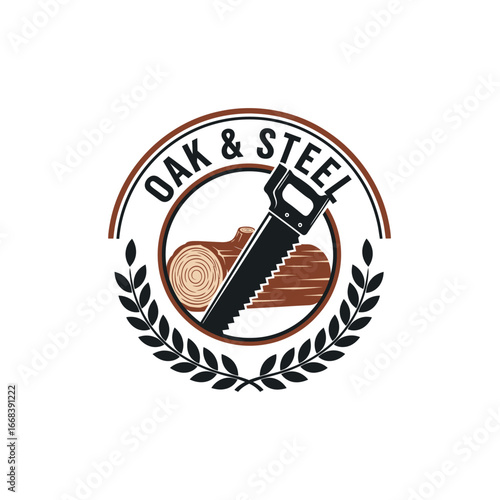 A logo design featuring a hand saw and log, representing strength and craftsmanship.