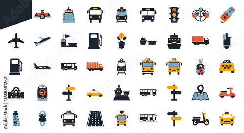 Collection of diverse transportation icons, illustrating various modes of travel and commute.