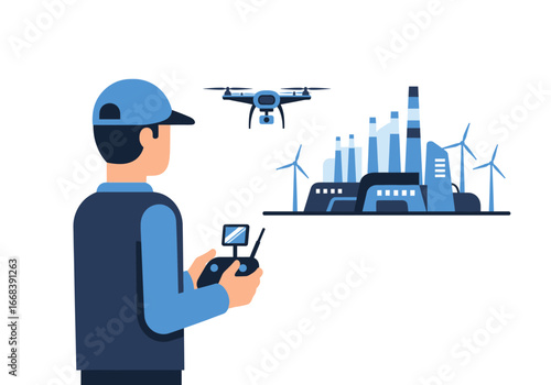 Man operating a drone for industrial inspection.
