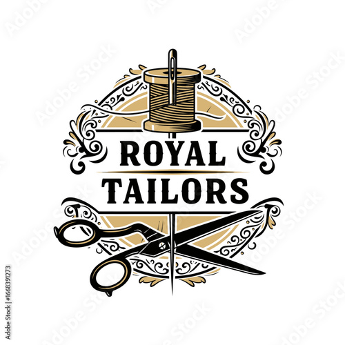 A sophisticated logo for Royal Tailors, featuring scissors, thread, and needle, with vintage design elements.