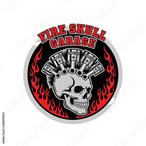 Fiery skull logo for a garage, featuring pistons as a mohawk.