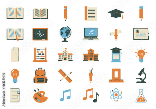 A set of colorful flat icons representing various aspects of education and learning.