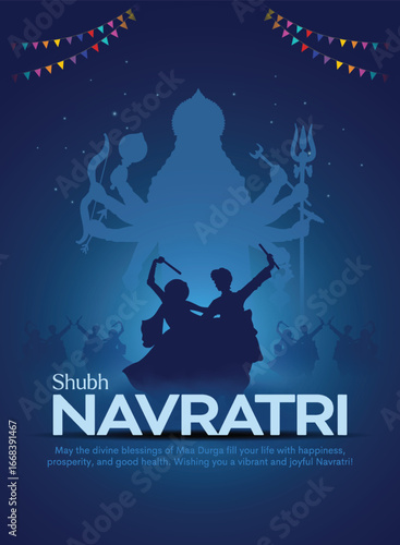 Happy Navratri, silhouette illustration of couple playing Dandiya with background goddess Durga, Garba Night banner poster for Navratri Dussehra festival of India.	