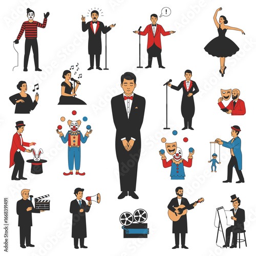 Vibrant illustrations showcasing diverse performing arts.  Includes singers, dancers, clowns, and more!