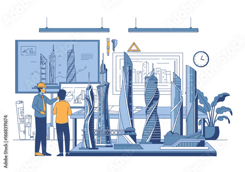 Two architects discuss modern skyscraper models in their office.
