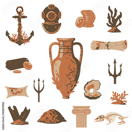Collection of sunken treasures, including ancient amphorae, gold coins, and other artifacts.