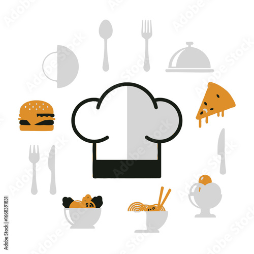 A chef's hat encircled by various food items, including a burger, pizza, pasta, salad, and ice cream.  Illustrates culinary arts.