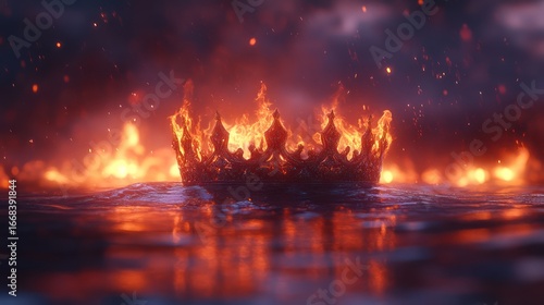 Fiery crown afloat on burning water, dark fantasy scene.