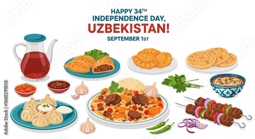Illustration celebrating Uzbekistan's 34th Independence Day with a spread of traditional Uzbek cuisine including plov, samsa, manti, and kebabs.