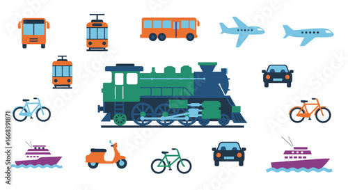 Collection of various transportation icons, including planes, trains, buses, cars, and more.