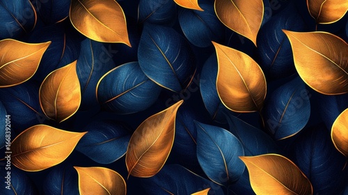 Gold and blue leaves pattern on dark background.