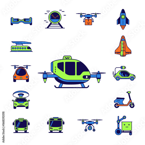Collection of futuristic transport icons.  Modern design.