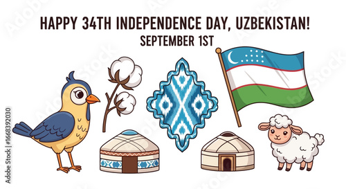 Illustration celebrating Uzbekistan's 34th Independence Day on September 1st, featuring a bird, cotton, ornament, flag, yurts, and a sheep.