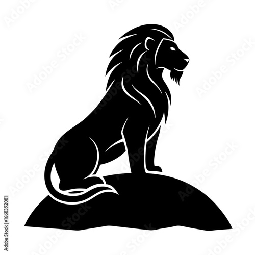 Majestic lion king sits proudly on a rock at sunset