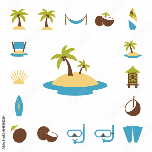 Collection of summer vacation icons depicting a tropical island paradise.