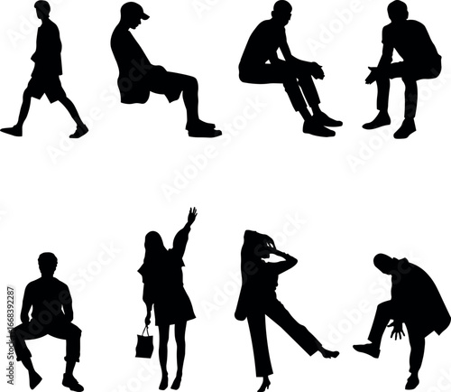 Collection of 8 vector silhouettes of people in everyday casual poses: walking, sitting on benches, relaxing, standing and gesturing. Includes men and women in dynamic and relaxed activities.