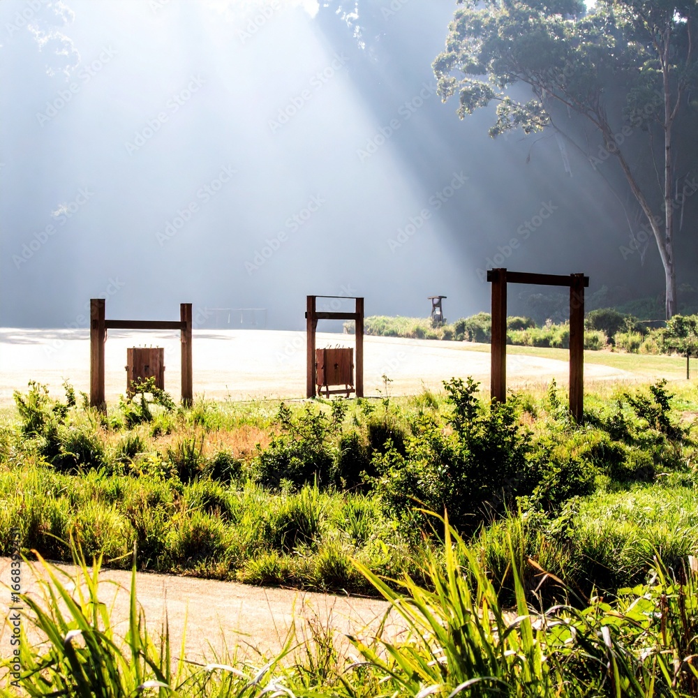 Fototapeta premium Morning Sunbeams Piercing Through Forest Foliage onto a Secluded Wooden Bench and Small Rest Shelter 
