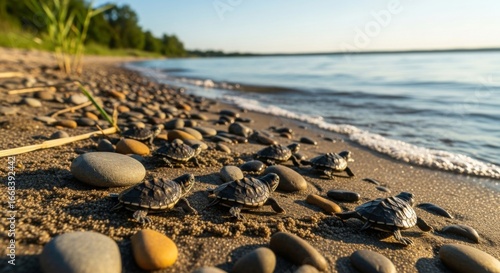 A group of baby turtles crawling on a sandy beach towards the ocean on a sunny day near the shoreline