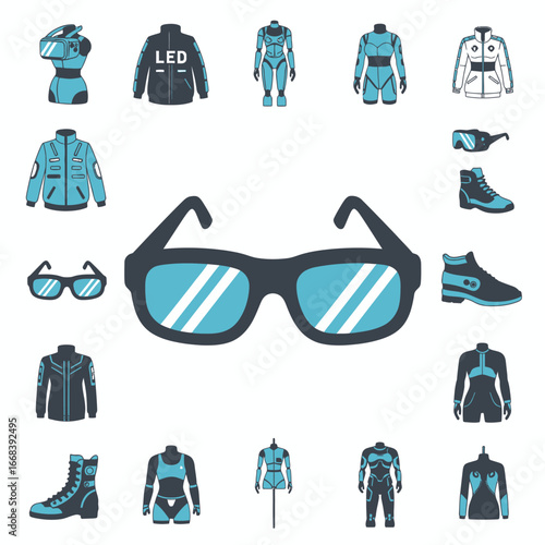 A vibrant collection of futuristic fashion and tech accessories.  Stylish and innovative designs.